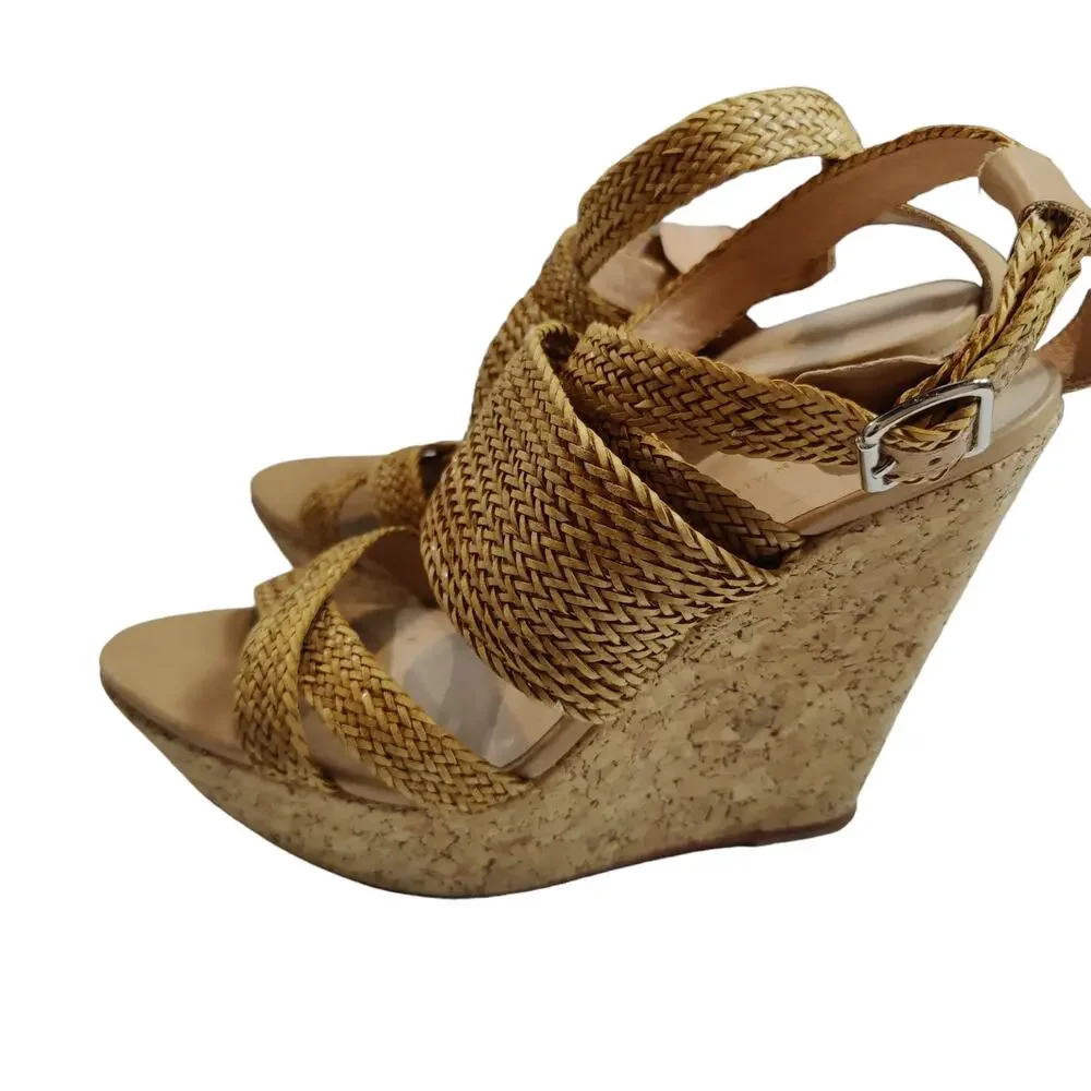 Loeffler Randall Women's Sz 9.5 Lake Strappy Woven Cork High Wedge Sandal Tan